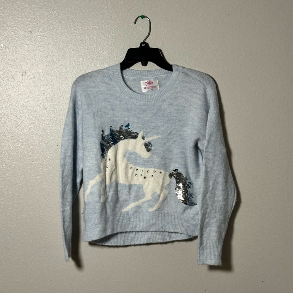 Justice Girl Kids Blue Unicorn Holiday Sweater Pullover Knit size 12